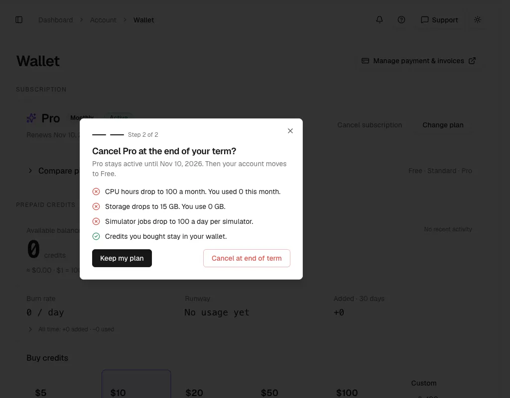 Cancel Pro at the end of your term dialog listing CPU hours, storage, and simulator job limits that drop, and that purchased credits stay, with Keep my plan and Cancel at end of term buttons