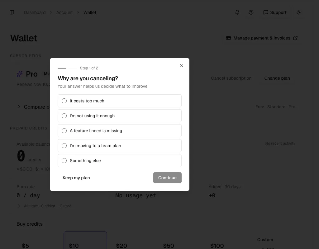 Cancel dialog step 1 of 2 asking why you are canceling, with five reasons and Keep my plan and Continue buttons