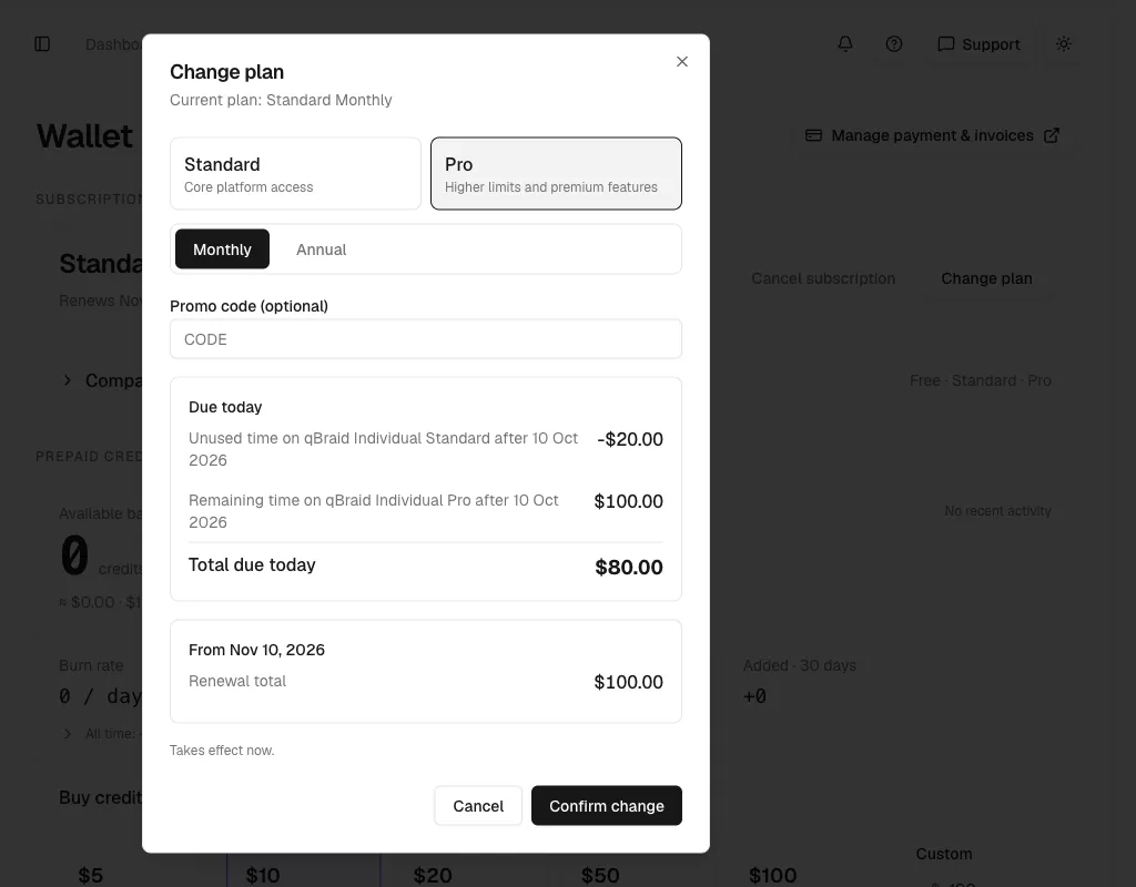 Change plan dialog switching Standard Monthly to Pro Monthly, with a $80.00 total due today, a $100.00 renewal total from Nov 10, 2026, and the note Takes effect now