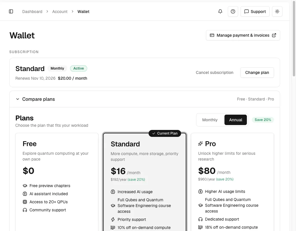 Compare plans expanded with Free, Standard marked Current Plan, and Pro cards and the Annual toggle selected