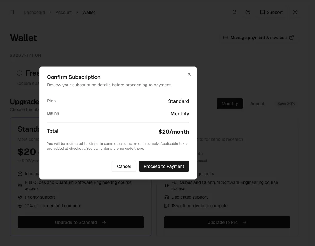 Confirm Subscription dialog showing the Standard plan, Monthly billing, and a $20 per month total with Cancel and Proceed to Payment buttons