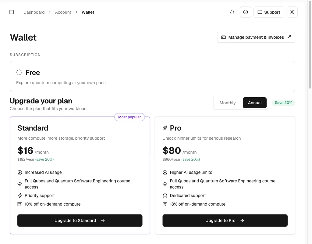 Free plan wallet showing the Standard and Pro upgrade cards with Annual billing selected