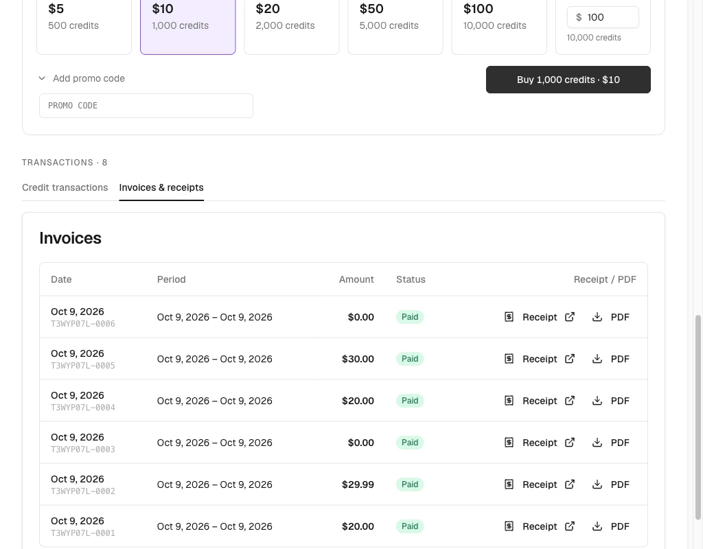 Invoices and receipts tab listing Stripe invoices with date, period, amount, paid status, and Receipt and PDF links