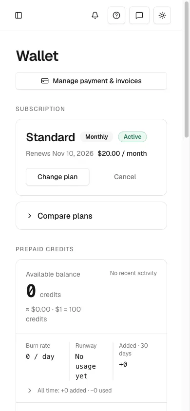 Wallet on a phone showing the active Standard Monthly card with Change plan and Cancel buttons and a Compare plans row