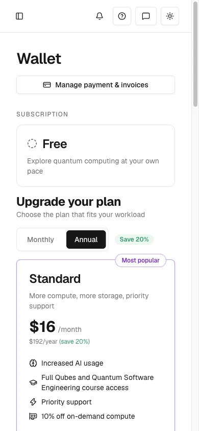 Wallet on a phone showing the Free subscription card and the Standard upgrade card below it