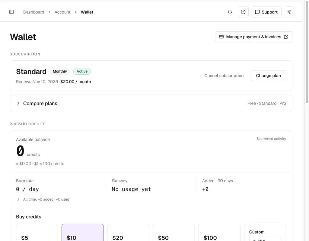 Wallet with an active Standard Monthly subscription card showing Renews Nov 10, 2026 at $20.00 per month, with Cancel subscription and Change plan buttons and a collapsed Compare plans row