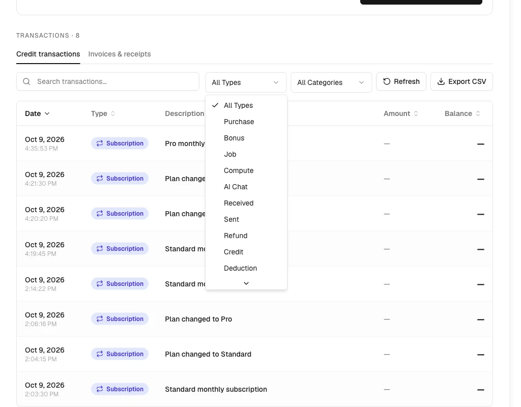 The Type filter open, listing types such as Purchase, Bonus, Job, Compute, AI Chat, Received, Sent, Refund, Credit, and Deduction