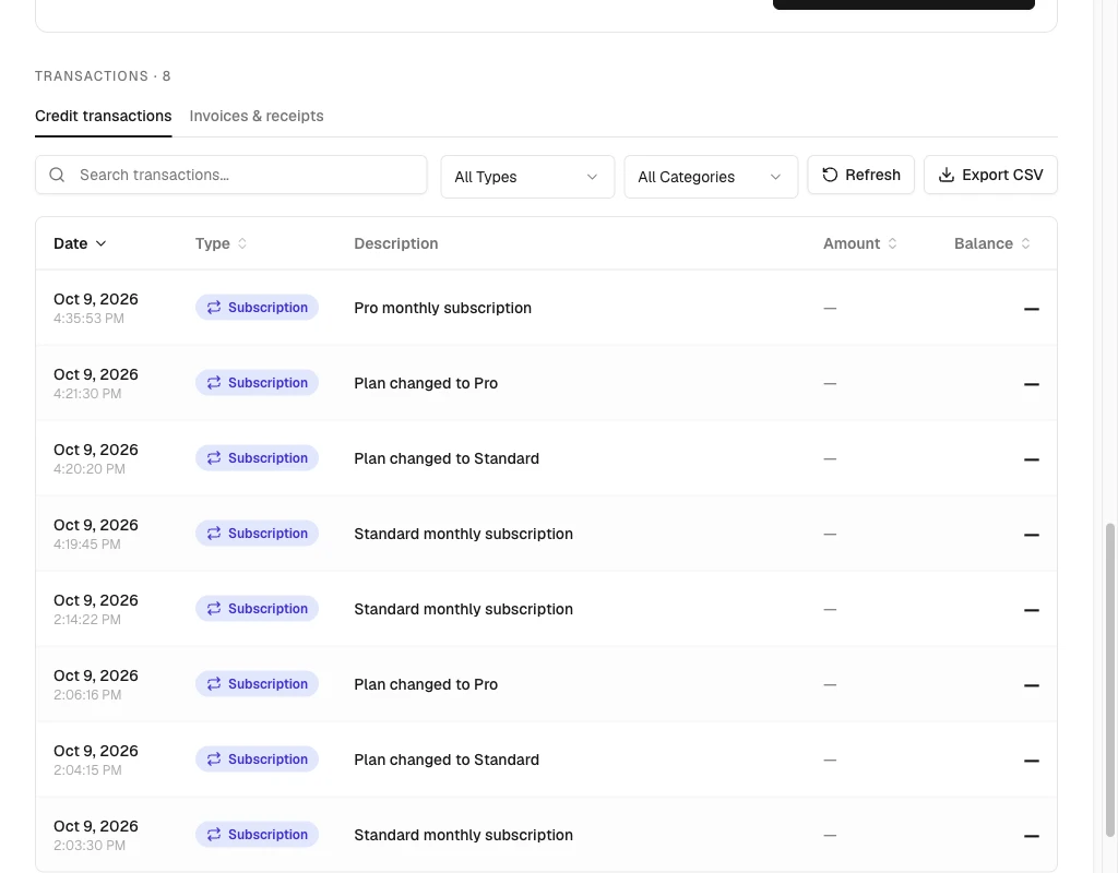 Credit transactions table with the search field, type and category filters, and sortable Date, Type, Amount, and Balance columns