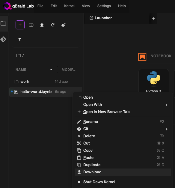 Download action in the file context menu