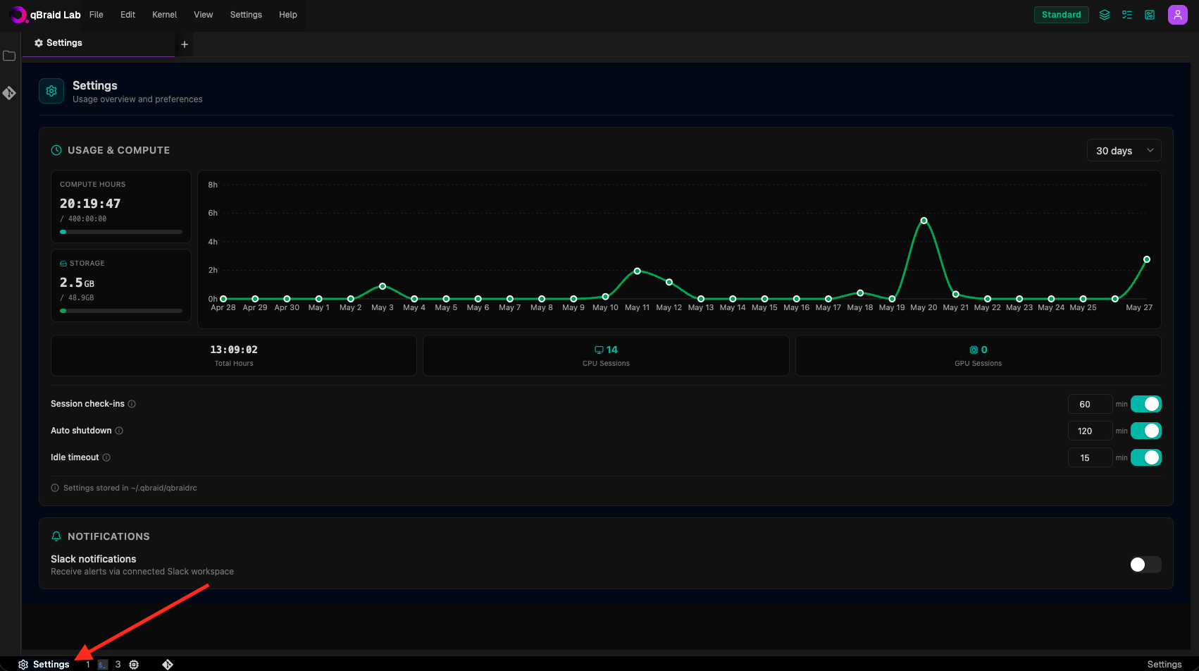 Lab settings with usage and session controls